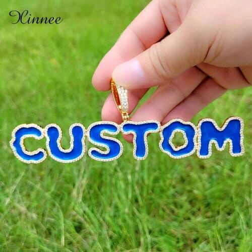 Solid Back Custom Name Blue Oil Bubble Letters Pendant Necklaces For Men Women Bling Cubic Zircon Hip Hop Rokas Jewelry