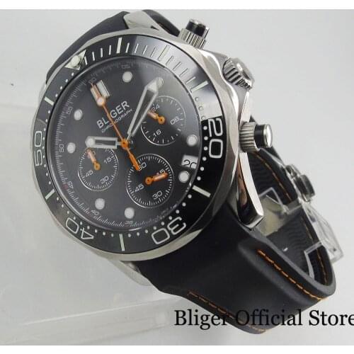 BLIGER High Quality Quartz Wristwatch Men Sapphire Glass Date Function Ceramic Bezel Rubber Strap Chronograph Function