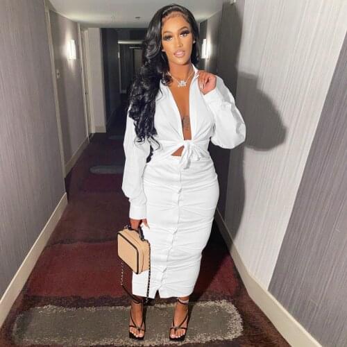 Elegant Solid Skirts Slim 2 Piece Outfits Sexy V Neck Lace Up Long Sleeve Shirt Top + Ruched Skirts Slim Women Set Club Outfits