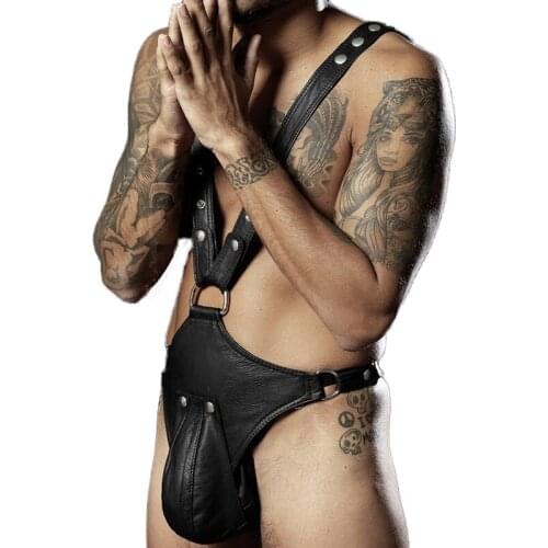 Fetish Men Erotic Leather Pants Male Gay Body Bondage Cage Open Crotch Pants Pole Dance Costumes for Adult BDSM Sex