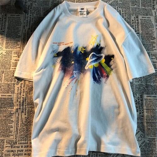 100% Cotton American T-Shirt Male Kawaii T Shirts Streetwear Men Japan Hip Hop Loose Half Sleeve Gothic Sky Print T shirts