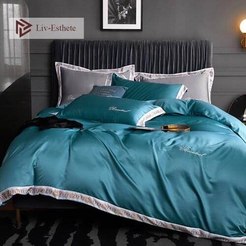 Liv-Esthete Noble 100% Silk Blue Bedding Set Silky Queen King European Embroidery Soft Duvet Cover Set Bed Linen Set Pillowcase