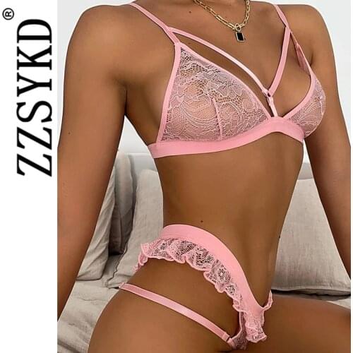 Pink Women Sexy Hollow Lingerie Set Lace Transparent Bra Deep V Erotic Underwear Sets Sexy Crop Tops Halter Open Bra Panties Set