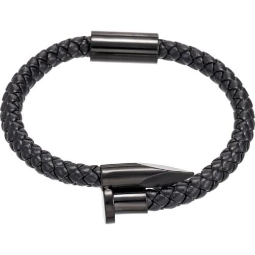 Fashion one pcs stainless steel irregular shape combination sealed bracelet black leather adjustable bangle for woman man