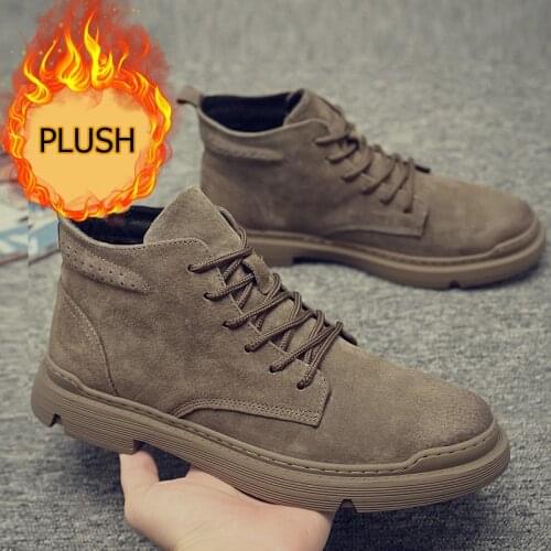 WEH Men Winter Boots plush 2021 Winter Casual Boots Men Brand Ankle Botas trend Leather Lace-up Mens Boots warm snow boots