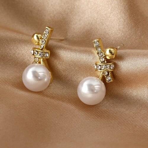 New Fashion Cute S925 Silver Needle Bow Rhinestones Pearl Earrings Jewelry For Women