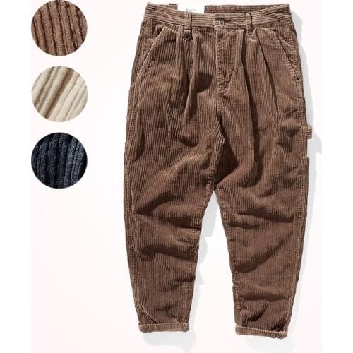 Winter New Corduroy Casual Pants Mens Pure Cotton Washed Old Loose Retro Heavyweight Thickened Pocket Tooling Tapered Leggings