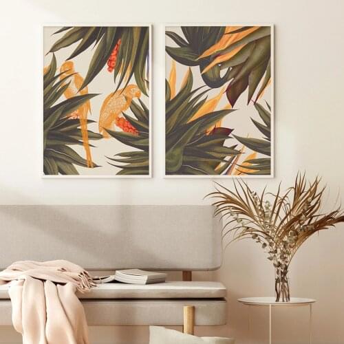 Modern Abstract Tropical Leaves Yellow Parrot Fruit Poster Canvas Painting Picture Print For Home Wall Art Decor For Living Room