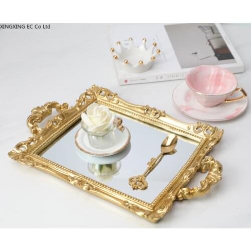 European Style Retro Craft Carved Fruit Tray Tea Tray Gold Printing Glass Double Ear Mirror Storage Jewelry Tray Glass Tray