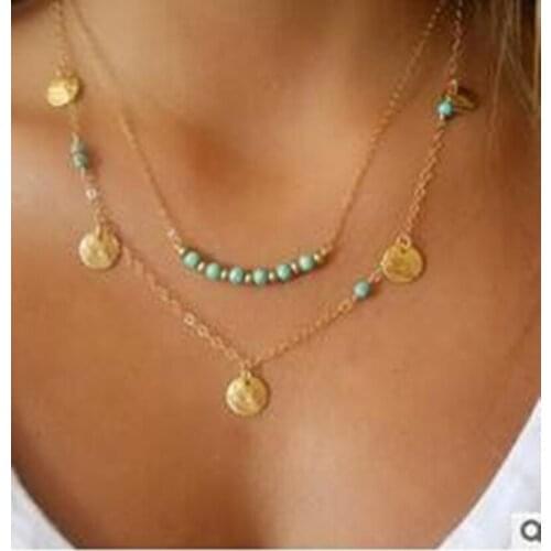 Simple gold color and silver plated double chain crystal beads sequins necklace for women best gift (Multicolor types available)