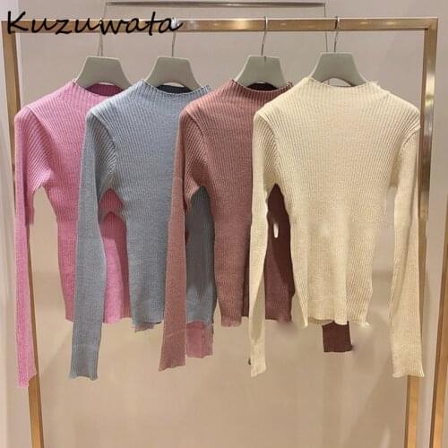 Kuzuwata Half High Collar Long Sleeve Pullovers 2021 Elegant Office Lady Slim Fit Bottoming Tops Solid Color Knit Women Sweaters