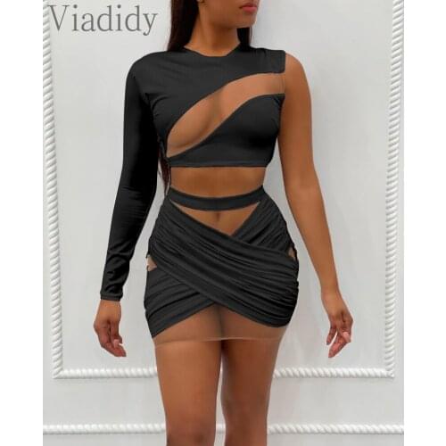 Sexy Vacation Outfits One Shoulder Sheer Mesh Patch Crop Top & Ruched Skirt Set