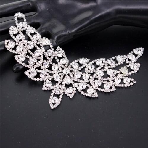 Silver Sew On Neckline Rhinestone Crystal Trim Beaded Bridal Applique Handmade Beaded V-Neck Sweet Heart Rhinestone Applique