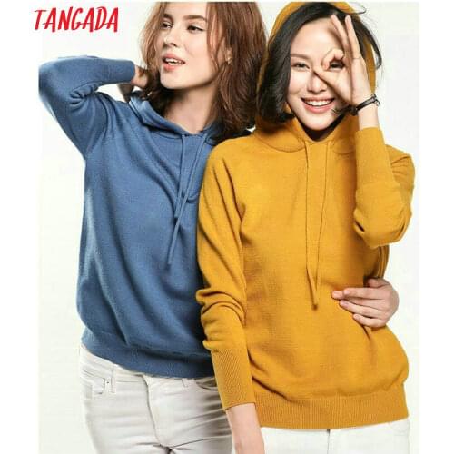 Tangada fashion woman solid hooded sweater female long sleeve korean chic soft jumpers sweater ladies pull femme AQJ01