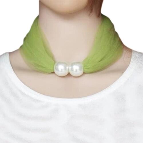 Thin Mesh Lace Pearls Ring Scarf Pure Color Necklace Women Scarf Mothers Gifts 449F