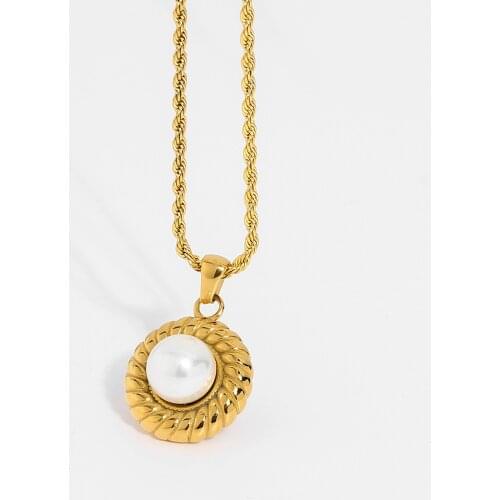 Vintage Twisted Croissant Round Pearl Pendant Necklace For Women Gold Plated Stainless Steel Neckalces