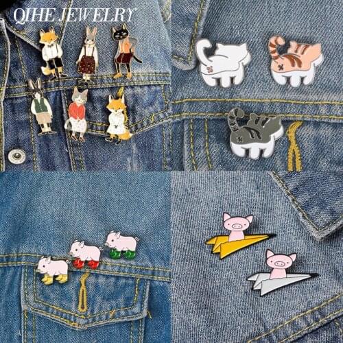 QIHE JEWELRY Animal pin set Cat Dog Panda Bird Penguin Fox Rabbit Enamel pins Cute Lapel pins Kawaii Brooches Animal jewelry