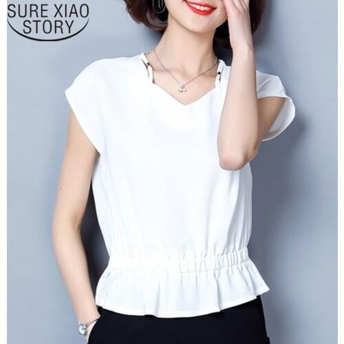 2020 Summer New Short Sleeve V-neck Solid Chiffon Blouse Women Fashion Elegant Waist Hugging Slim Large Size Ladys Tops 9042 50