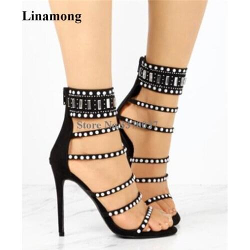 New Fashion Women Bling Bling Rhinestone Beads Gladiator Sandals Cut-out Crystal Ankle Wrap High Heel Sandals Dress Shoes