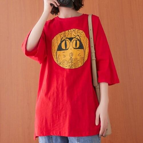 Oversized Women Cotton Casual T-shirts New 2021 Summer Simple Style Cartoon Print Loose Female Half Sleeve Tops Tees S3614