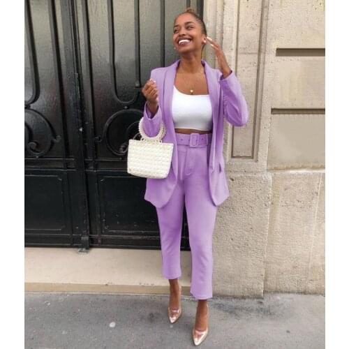 Classic Office Blazer Suit Two Piece Set 2021 Women Casual Commute Cropped Pants Suits Solid Color Mid Length Blazer with Pocket