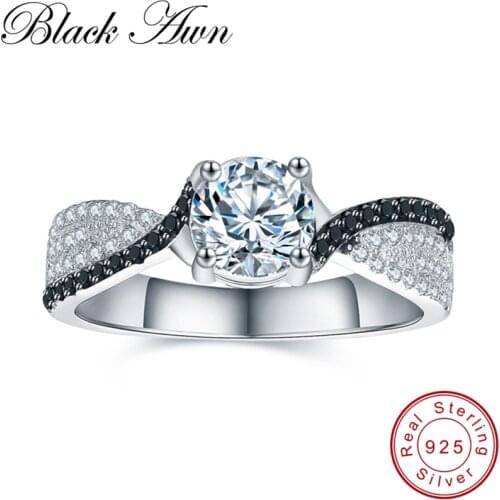 [BLACK AWN] 925 Sterling Silver Fine Jewelry Trendy Wedding Rings for Women Black Spinel Engagement Bague Femme C013