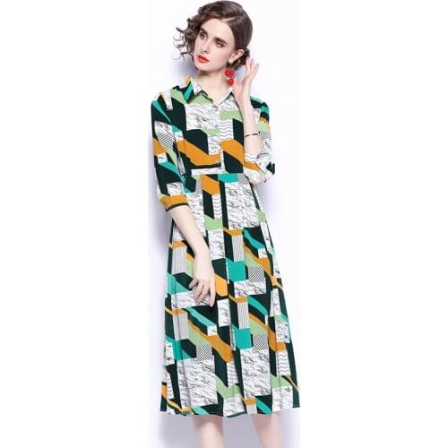 Summer Runway Vintage Shirt Dress Robe Womens Turn Down Neck 3/4 Sleeve Geometric Print Midi Dress k6410