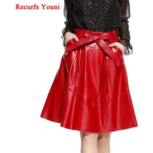 2021 Spring Female Genuie Leather Midi Skirt Lady Street Saia Bow Belt Retro Vase Big Red/Blue Faldas Girls Pleated Jupe Faldas