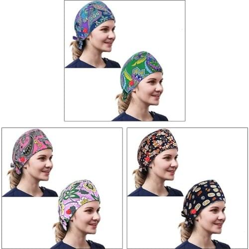 3Pcs Working Cap with Sweatband Buttons Cartoon Adjustable Tie Back Bouffant Hat