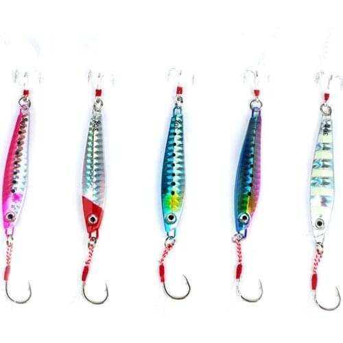 5PCS Fishing Glow Jigging Slow Jig Lure Jigbait spoon baits Feather hook 20/30/40/60g