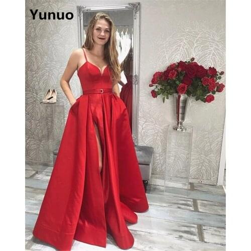 Satin Robe De Soiree Spaghetti Straps Sweetheart Evening Gowns With Pocket Formal Prom Party Dresses Floor Length Prom Dresses