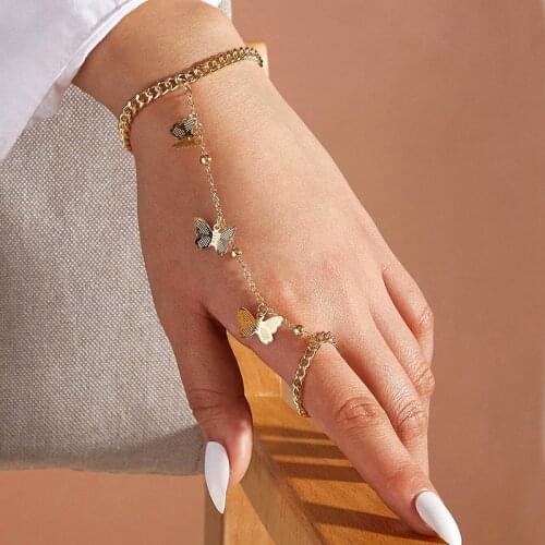 FNIO Gold Silver Color Butterfly Ring Bracelet for Women Wrist Chain Jewelry Fashion Hand Back Bangles Female Arm Link Ornament