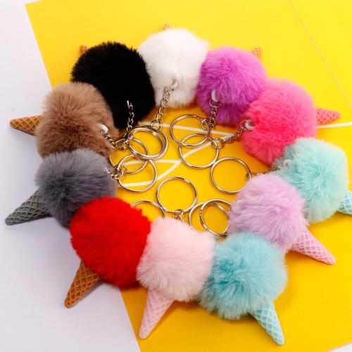 Cut Fur Ball Ice Cream Cone Keychain Furry Acrylic Key Chain Ring Keyring Pompom Shoulder Bags Pendant Childrens gifts S066