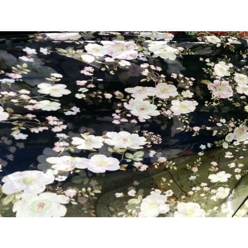 Designer natural mulberry silk chiffon fabric white flowers print shirt cloth decoration scarf wide tissu hollandais silk fabric