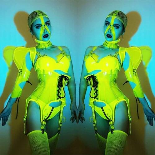 Fluorescent Green Stage Costume Bikini Set Birthday Outfits For Women Nightclub Bar Sexy Gogo Dancewear Party Dj Costume VDB3120