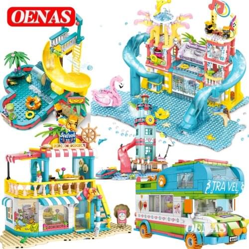 City Girls Water Park Beach Camping Van Vehicle Cabin Slideway Villa House Model Building Blocks Friends Kits Toys Children Gift