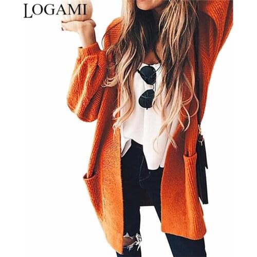 LOGAMI Lantern Sleeve Pocket Cardigans Women Spring Autumn Sweater Woman Loose Casual Long Cardigan Orange 2XL