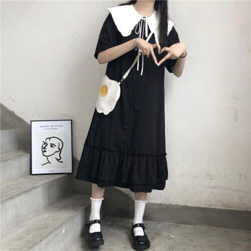Summer Fashion Sailor Collar Short Sleeve Robe Femme Kawaii Women Dress Sweet Soft Girly Black Splice Lace Dresses Vestidos