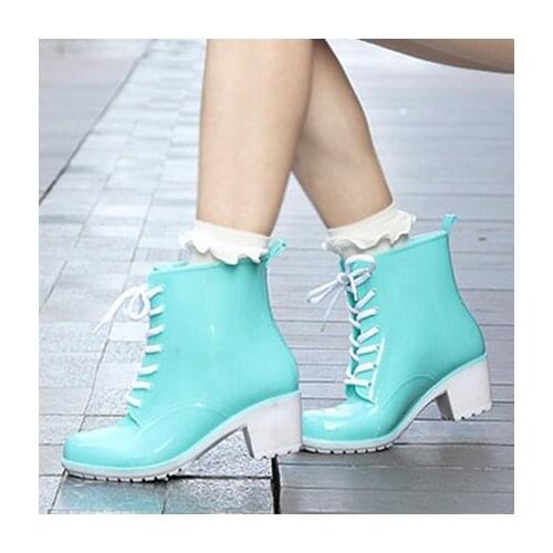Summer water female non-slip short tube water boots adult low-cut high-heeled Martin rain boots overshoes plastic shoes