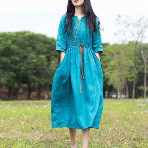 LZJN Women 100% Linen Summer Short Sleeve Long Dress Contrast Color V- Neck Collar Buttons with Belt