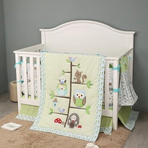 Fashion Baby Bed Set for Newborn Boy INS 100%Cotton Cot Bed Bumper Embroidered Owl Baby Cot Organizer Cute Quilt 7Pcs