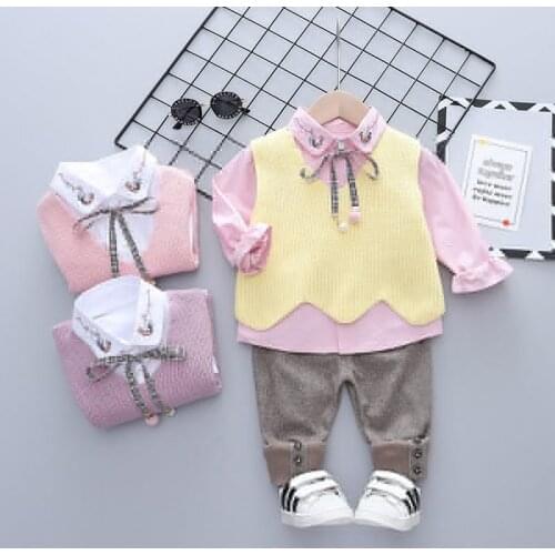 New Children Cotton Clothes Baby Girls Spring Autumn Solid T Shirts Sweater Vest Pants 3Pcs/sets Infant Kid Fashion Toddler Sets