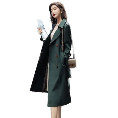 2021 Apring And Autumn New Dark Green Windbreaker Jacket Womens Mid-Length Over-The-Knee Fashion British Style Female Coat A11