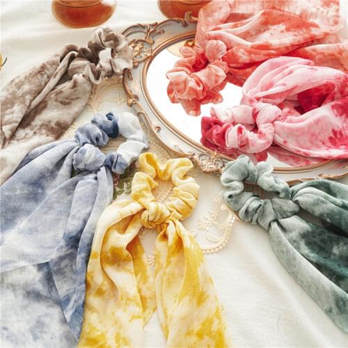 New Tie-dye Fabric Ribbons Square Scarf Large Intestine Ring Hair Rope European and Beautiful Girl-style Tie Hair Accessories