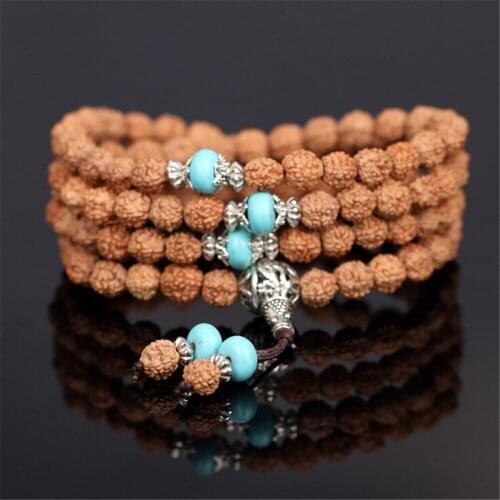 Wholesale 7mmNatural Indonesian Rudraksha 108 Beads Prayer Bracelet or Long Necklace Alloy Spacer Buddhist Jewelry Gift Dropship