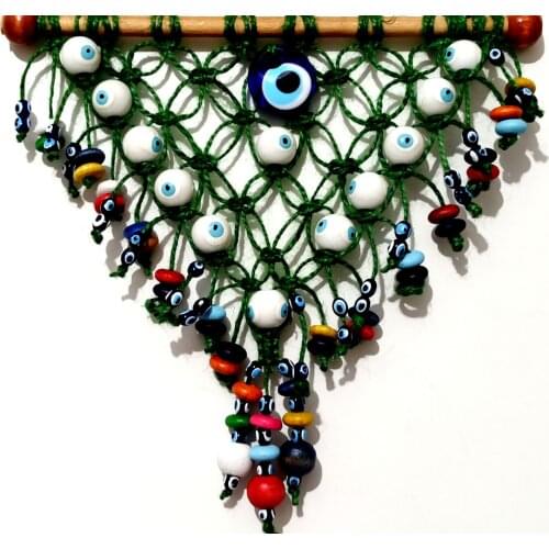 Green Color Triangle, Handmade Door and Wall Decoration with White Glass Evil Eye Beads