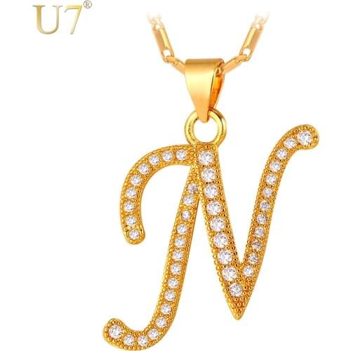 U7 Capital Initial Letter N Necklace Women Valentines Gold Color New Fashion Alphabet Letter Pendant Charm P707