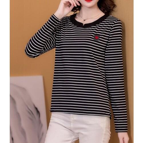 Plus Size Striped T Shirt Women Cotton 2021 Spring Autumn Long Sleeve T-Shirt Woman Tshirt Appliques Korean Fashion Clothing