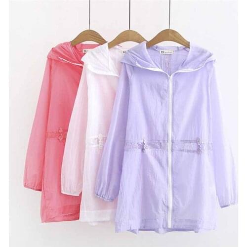 Large size Womens Summer Thin Windbreaker Long sleeve Lace Splice Hooded Sun protection clothing Female Anti-UV Trench Coat G18