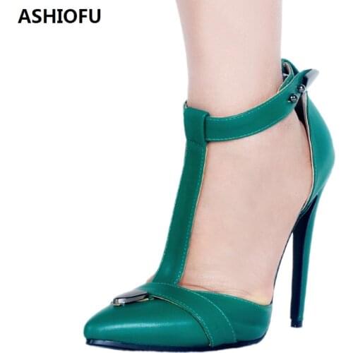 ASHIOFU Handmade New Ladies High Heel Pumps T-strap Pointed Toe Party Prom Dress Shoes Large Size Fashion Eevning Court Shoes